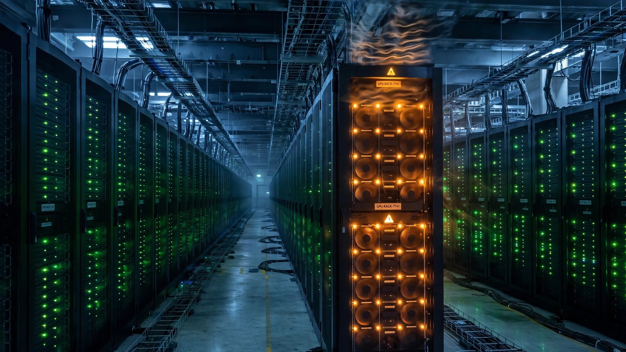 A massive data center corridor with thousands of server racks stretching into the distance, all LEDs glowing green except for one rack in the middle showing amber warning lights, with a digital clock on the wall frozen while other clocks keep moving