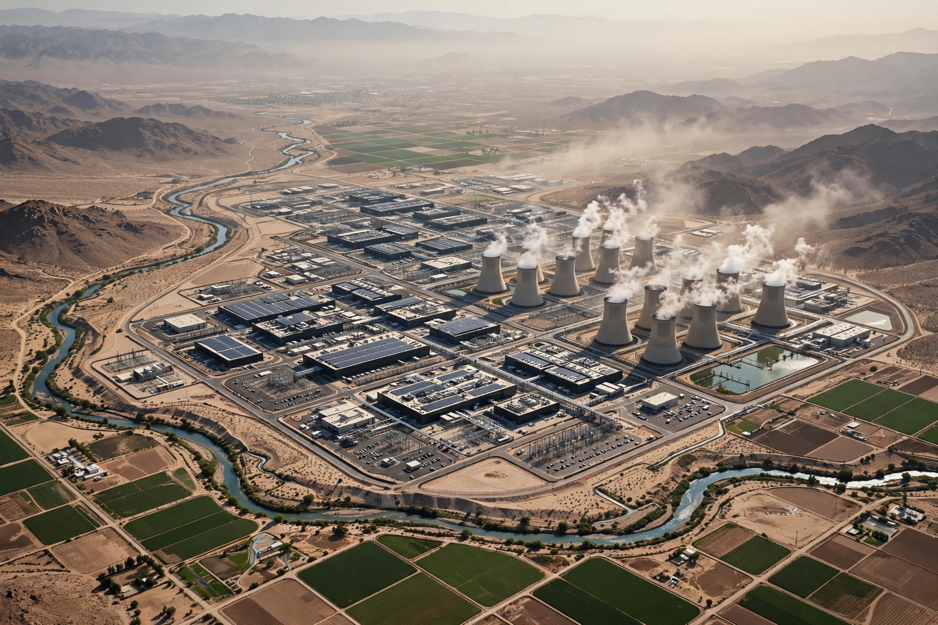 Aerial view of a massive data center campus with cooling towers in an arid desert valley, a thin river winding past farmland nearby, heat haze on the horizon