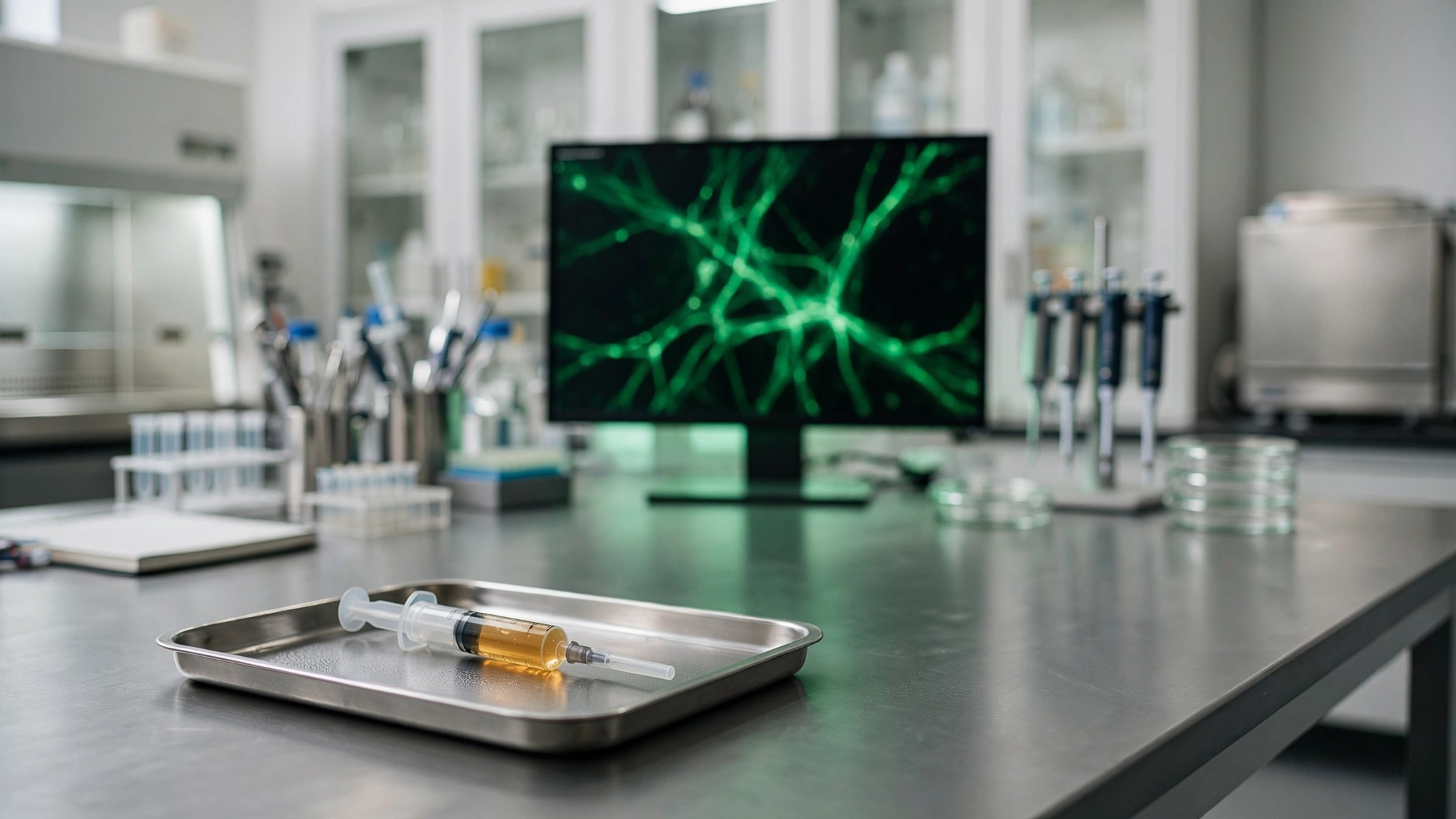 Laboratory workbench with a single syringe containing amber liquid beside a microscopy screen showing fluorescent green muscle tissue fibers