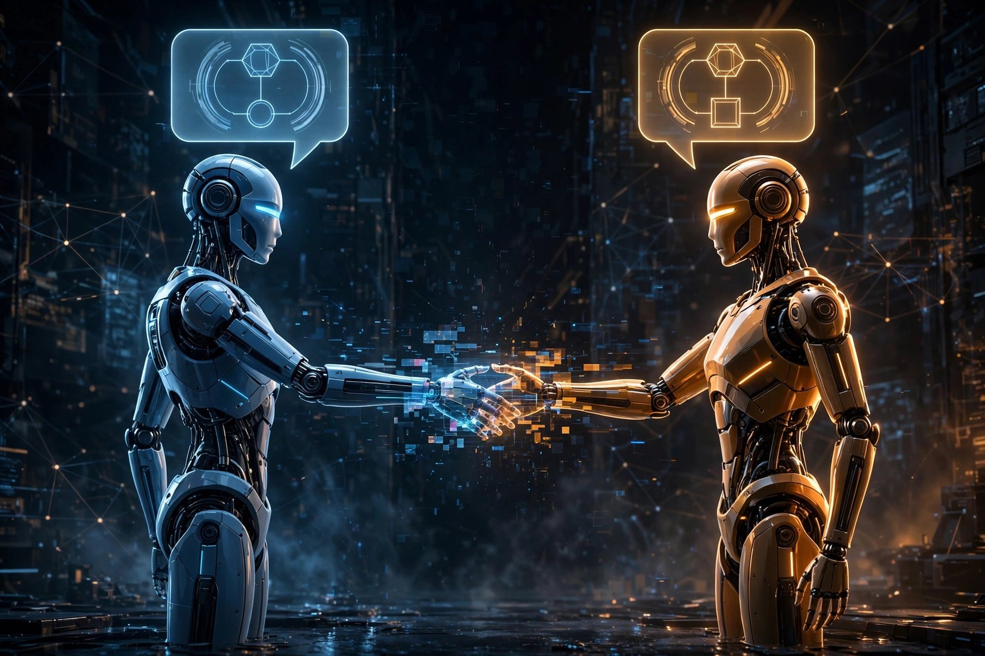 Two humanoid robots shaking hands across a void, their hands dissolving into pixels, each with a holographic speech bubble showing the same task diagram with one critical difference