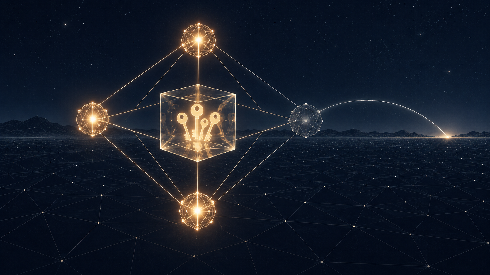 Four glowing network nodes arranged on a dark wireframe mesh, one node dimmed, a translucent glass cube holding abstract key shapes at the center, and one bright line mounting a file tree toward a distant horizon
