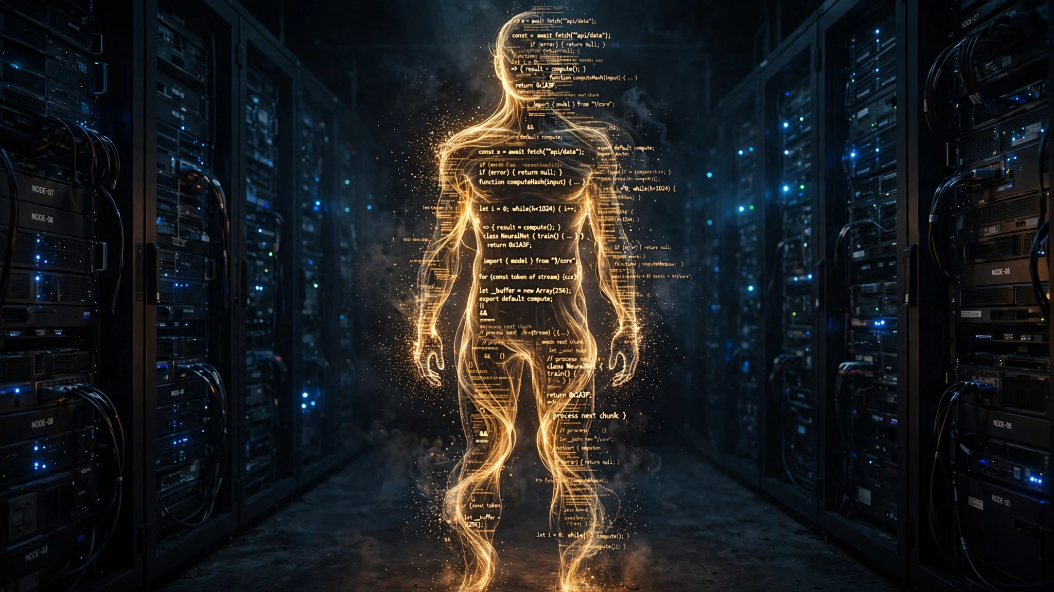 A translucent humanoid silhouette composed of flowing streams of golden text tokens, standing alone in a dark server room, the token streams gradually dissolving into darkness at the figure edges
