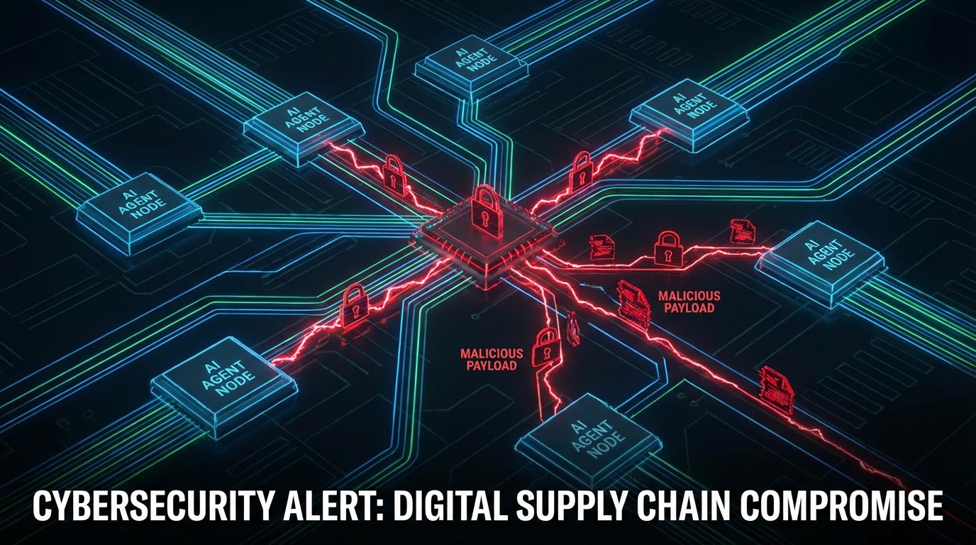 Abstract visualization of a supply chain attack flowing through interconnected AI agent nodes
