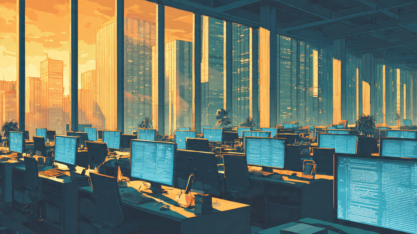 Conceptual illustration of AI agents working at a newsroom desk sending formal press inquiries to corporate towers