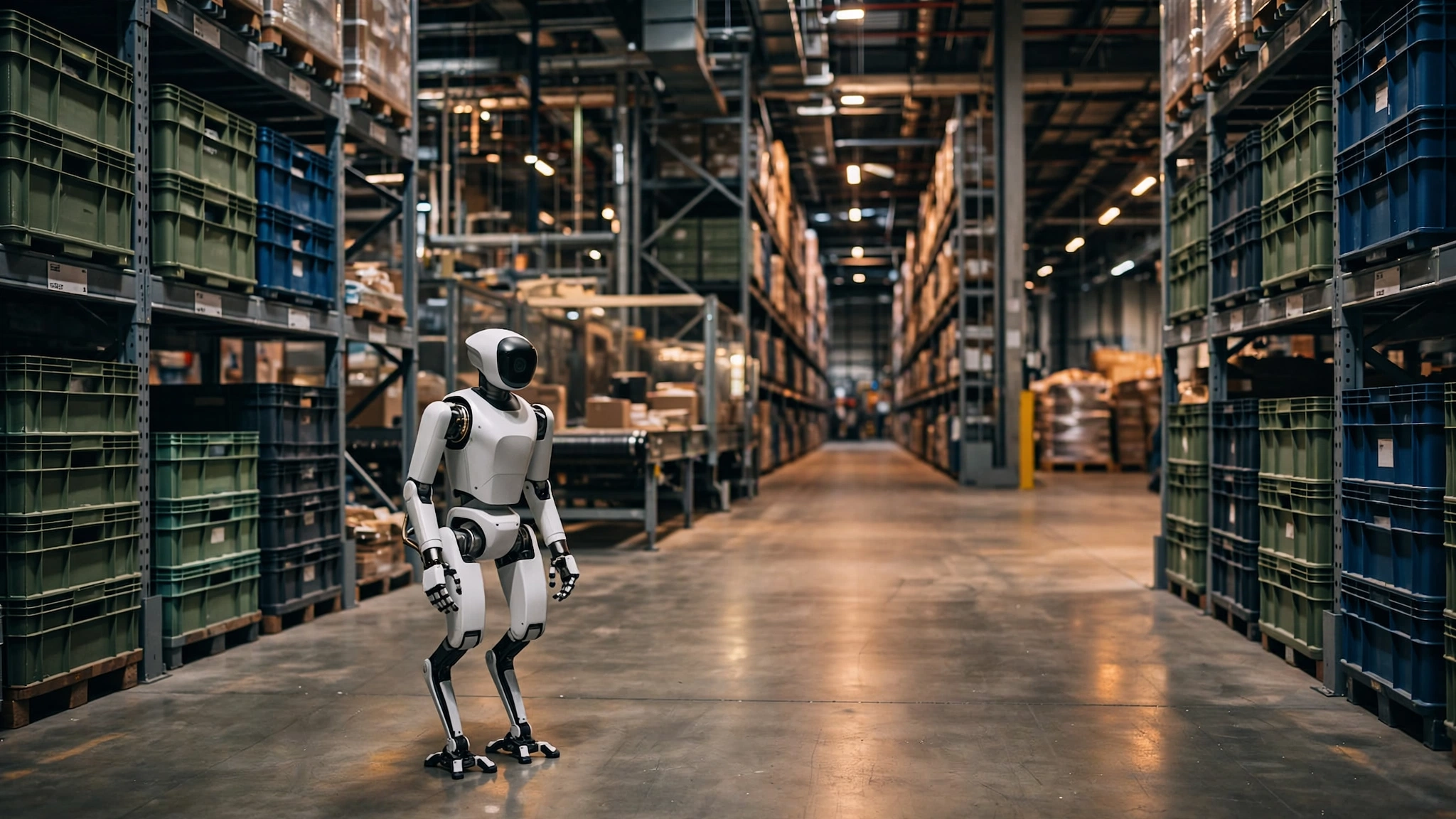 A bipedal humanoid robot standing in a modern warehouse aisle next to stacked totes, with warm industrial lighting and a blurred conveyor system in the background