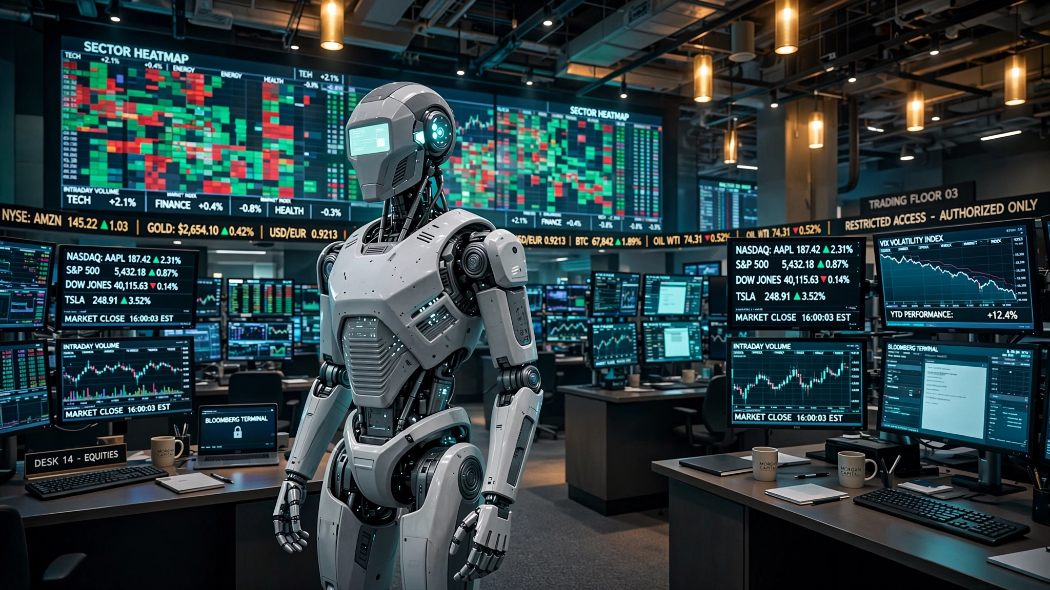 A humanoid robot standing in a modern stock exchange trading floor, surrounded by glowing screens displaying financial data