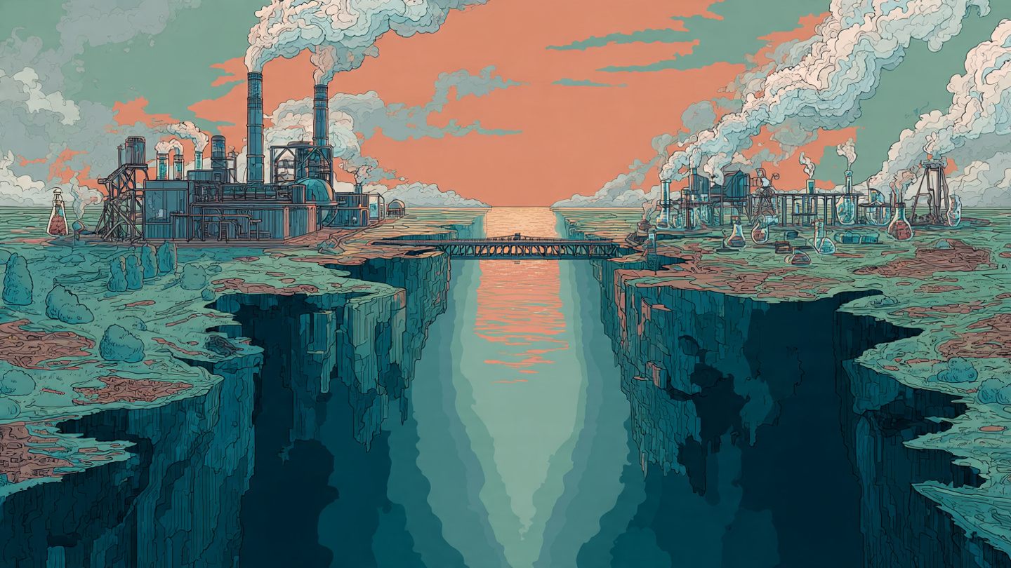 Abstract landscape showing a deep chasm between two plateaus, with laboratory glassware on one side and an industrial factory on the other, connected by a crumbling bridge of dollar bills
