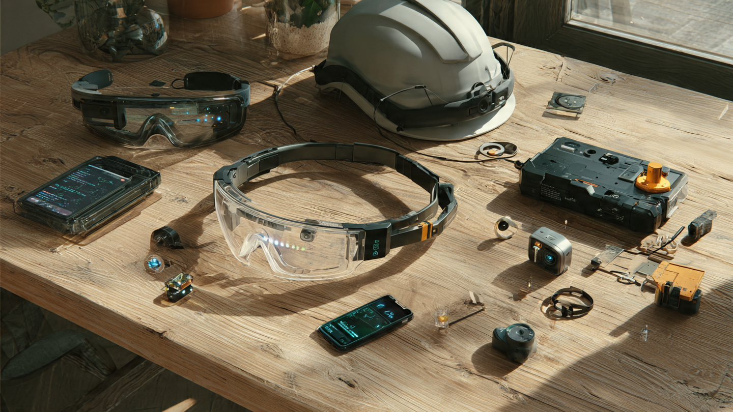 Scattered array of AI hardware form factors on a table: smart glasses, earbuds, rings, pendants, a smart helmet, and a car OBD dongle
