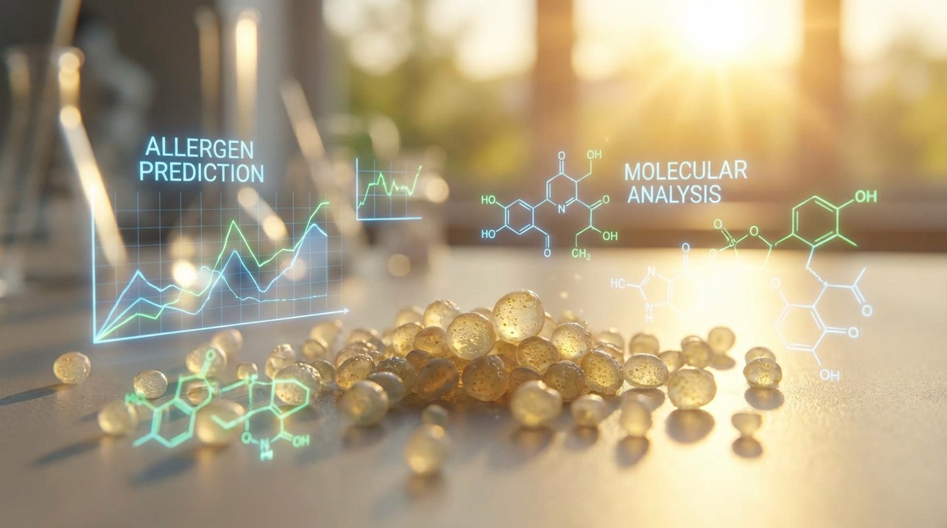 Microscopic pollen grains floating through air with overlaid data visualization showing prediction curves and molecular structures