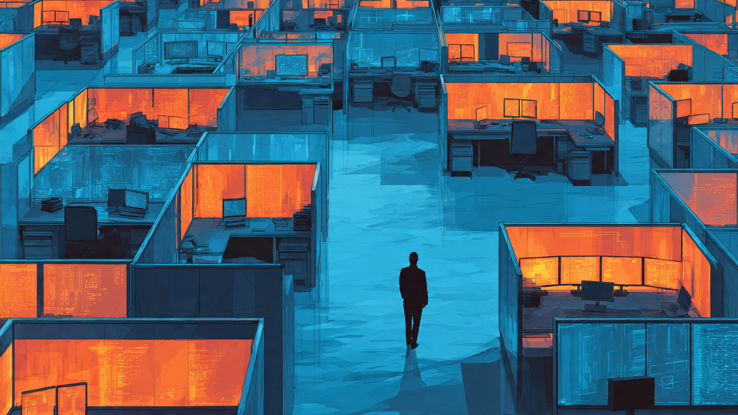 Empty office cubicles with a single screen glowing, running an AI interface