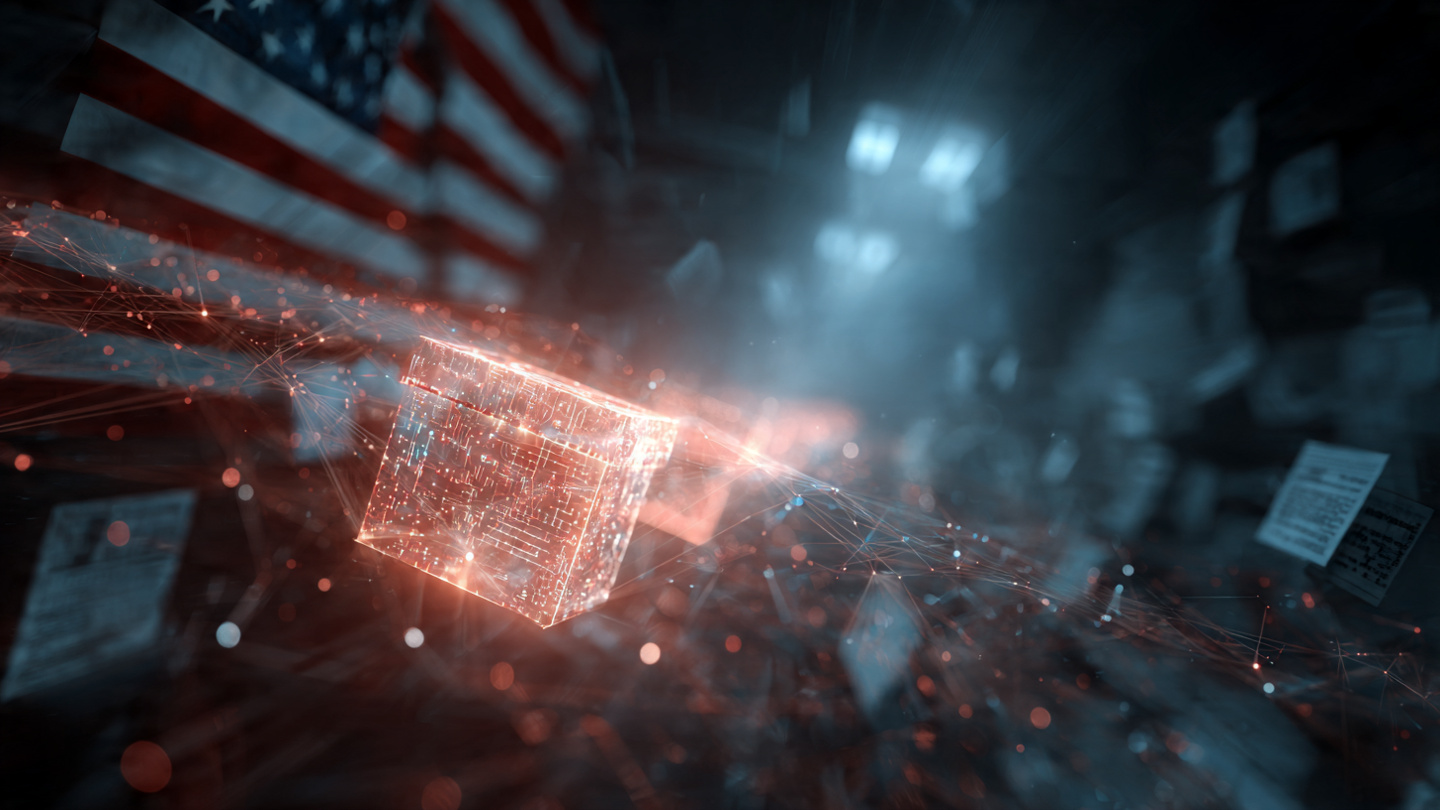 A digital shield deflecting streams of synthetic text, with a ballot box in the background