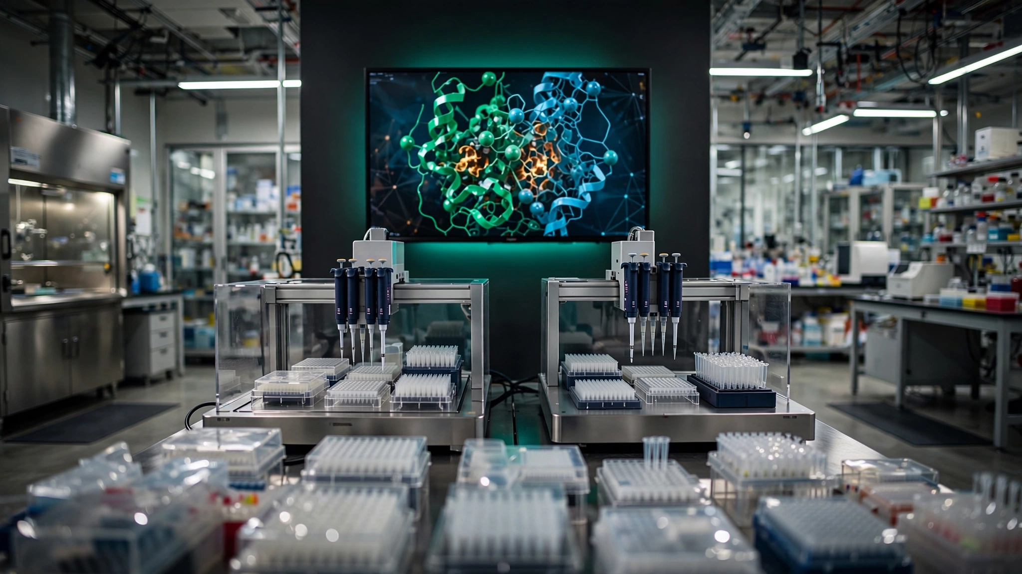 Computational biology laboratory with protein structures on screens and automated equipment