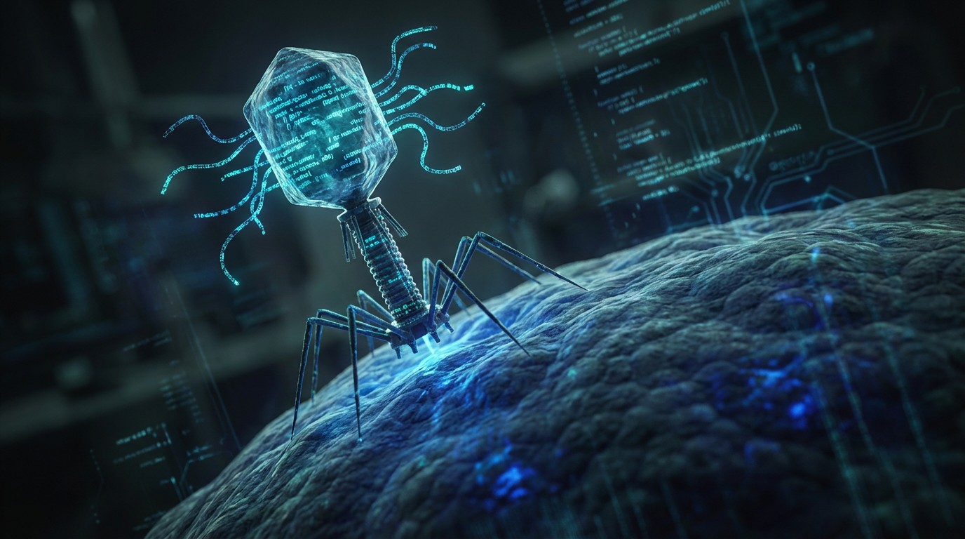 AI-generated visualization of bacteriophage particles with digital code fragments woven into DNA structure, deep blue bioluminescent lighting