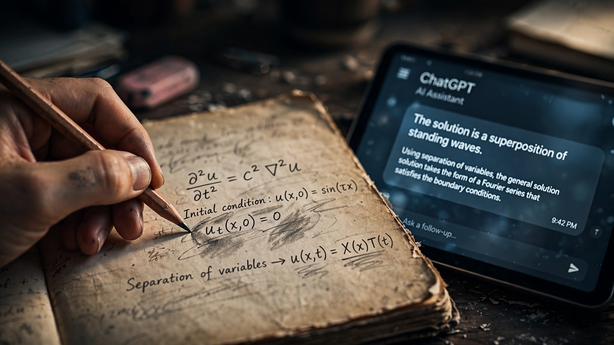 A student's hand writing in a notebook beside a dimly glowing tablet screen, symbolizing the tension between effortful learning and digital ease