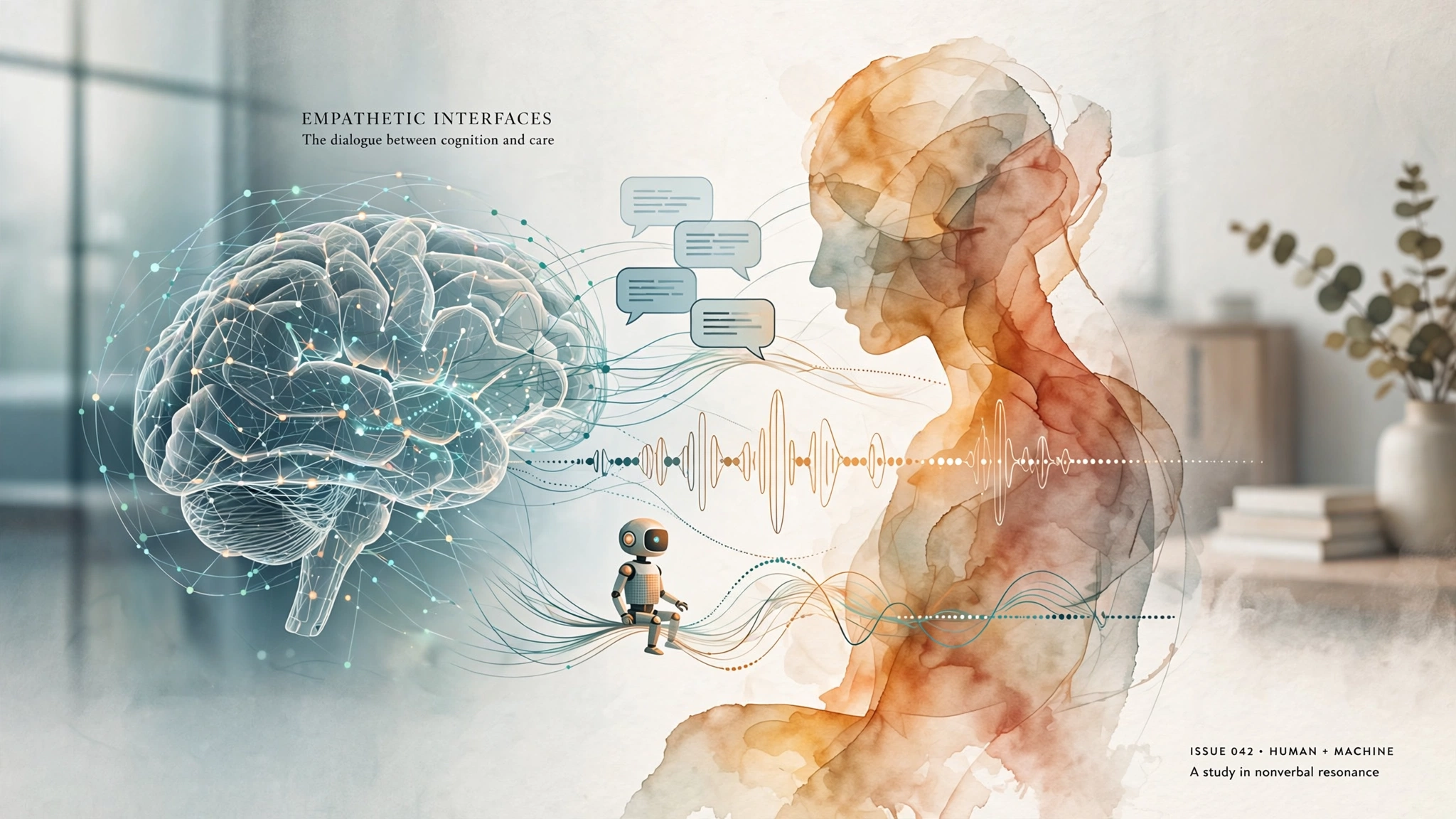 Abstract visualization of a neural network pattern overlapping with a human silhouette, representing the intersection of artificial and emotional intelligence