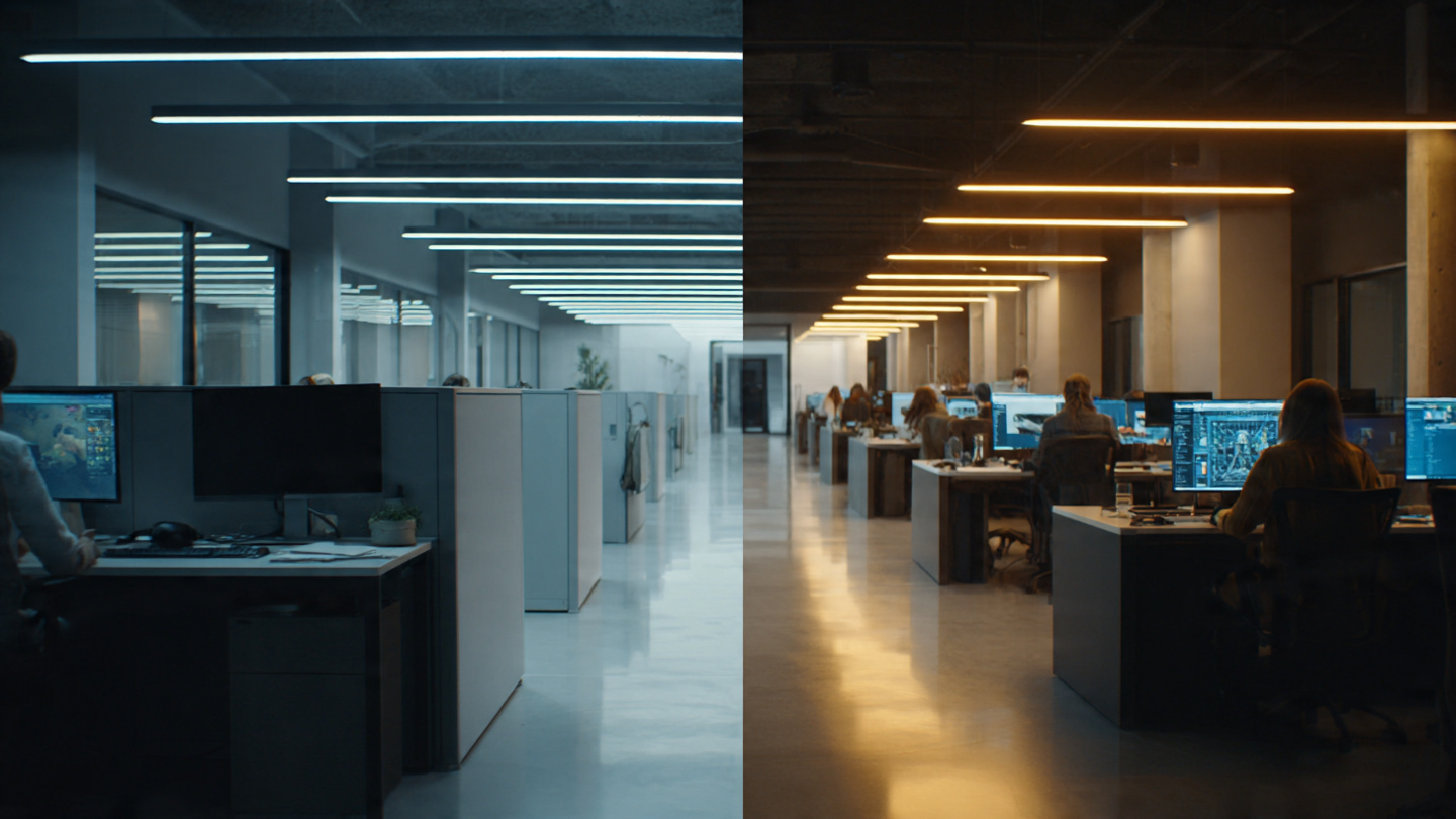 Split image of corporate office with empty entry-level desks on one side and busy new hires on the other, representing the contradictory data on AI and junior employment
