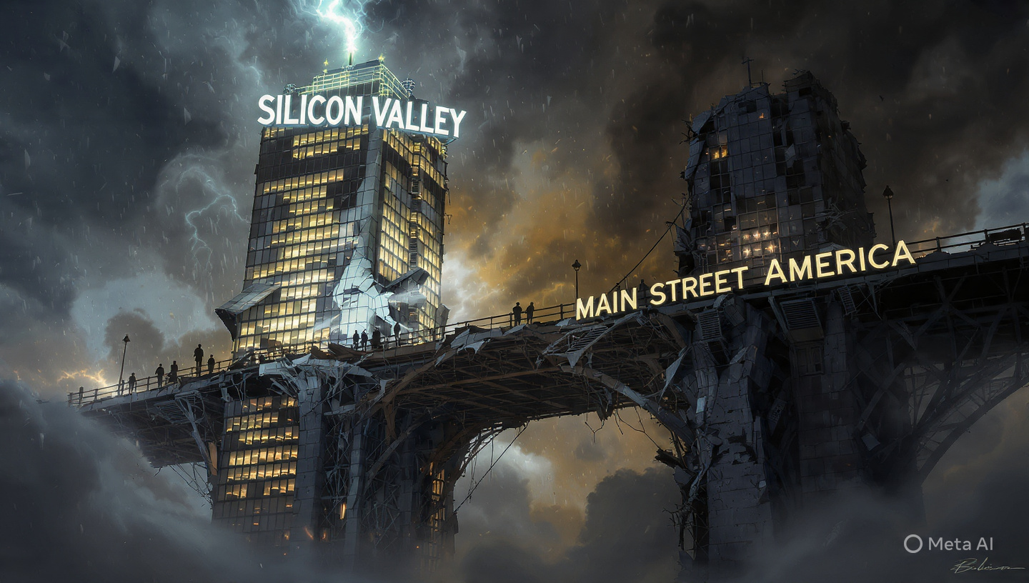 A crumbling bridge between gleaming tech towers and a darkened Main Street, with small figures looking up skeptically