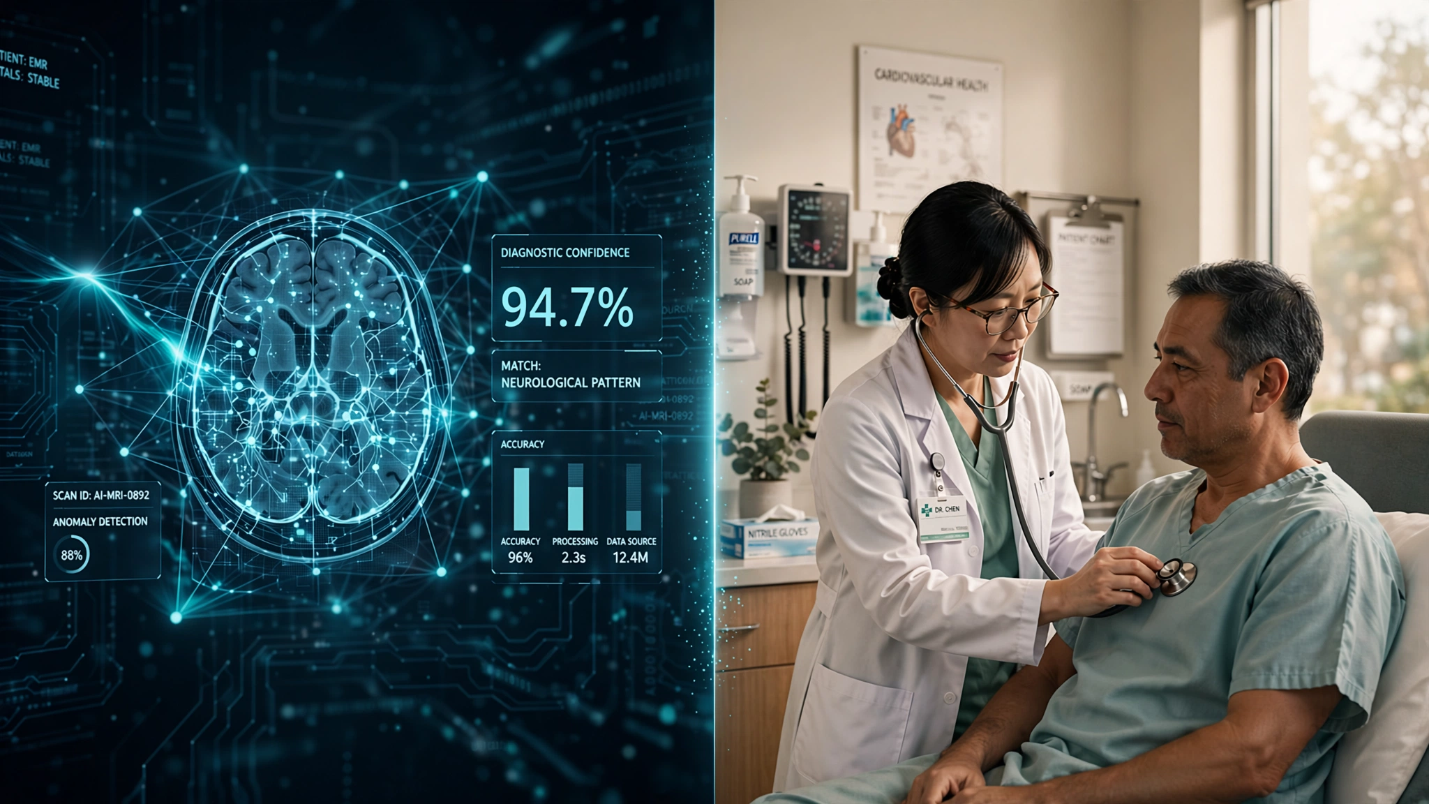 A split view showing an AI diagnostic interface analyzing a medical scan on the left and a physician examining a patient on the right, with a thin glowing line dividing them