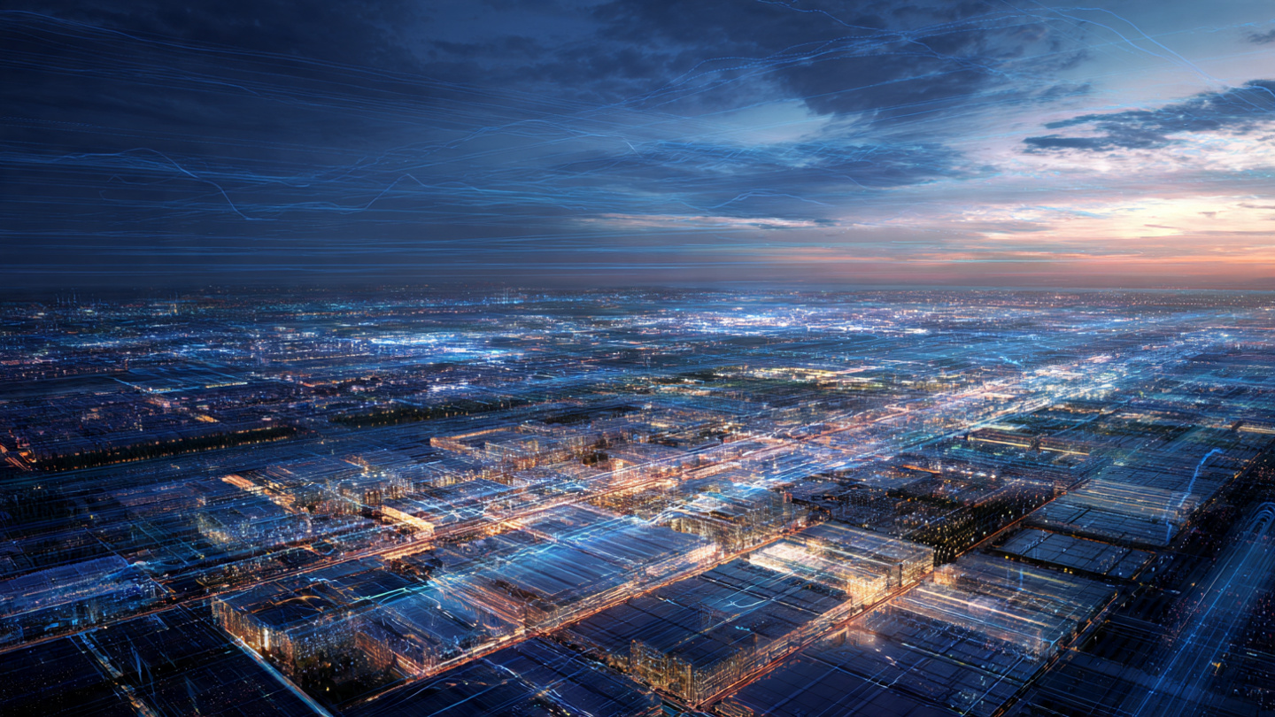 Massive data center infrastructure stretching into the distance with overlapping declining cost curves