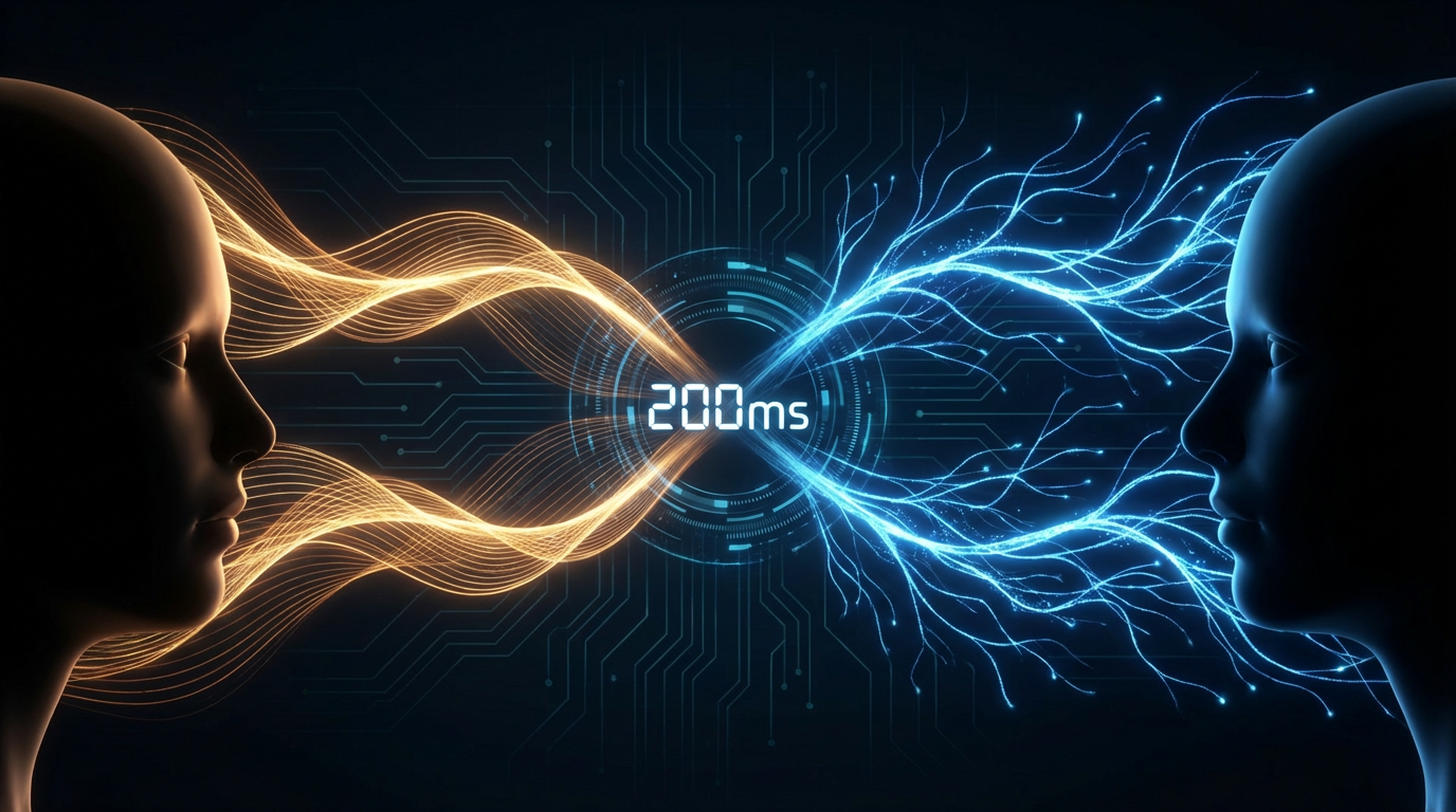 Abstract visualization of sound waves and neural pathways converging at a precise timing threshold, representing the 200ms conversational gap