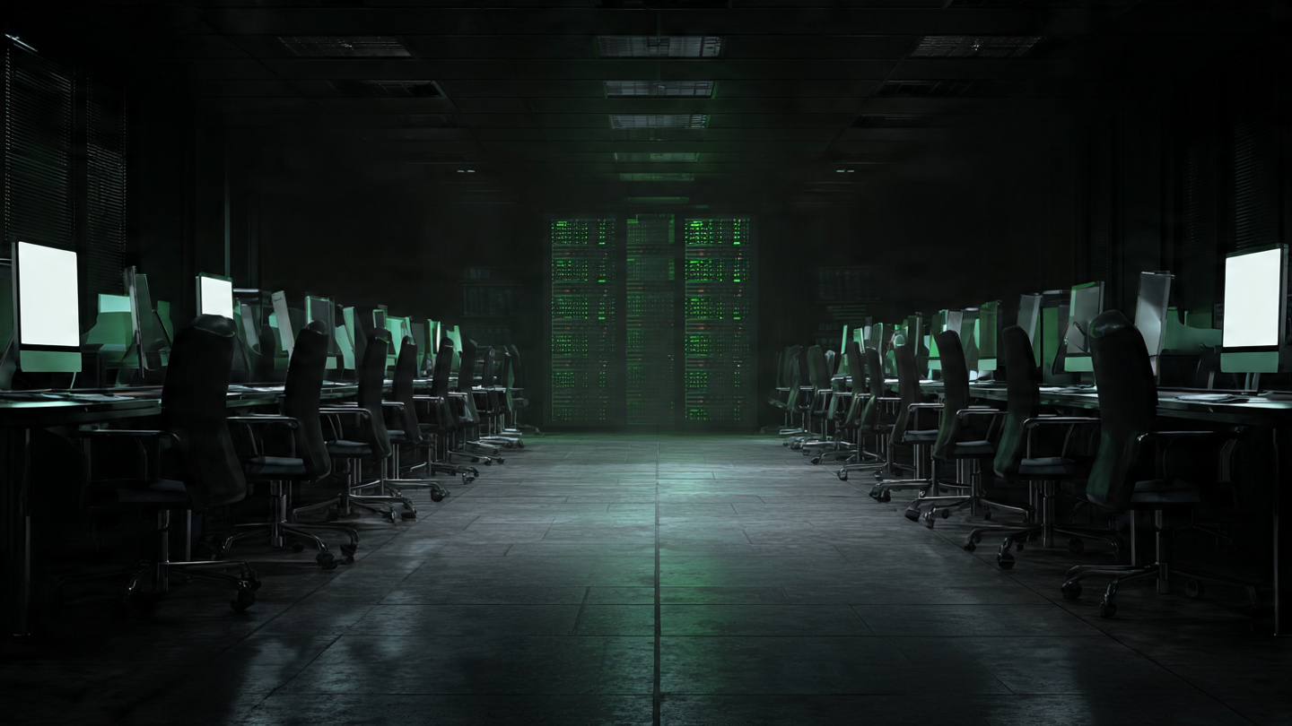 Empty corporate office with rows of abandoned desks and a glowing server rack in the background