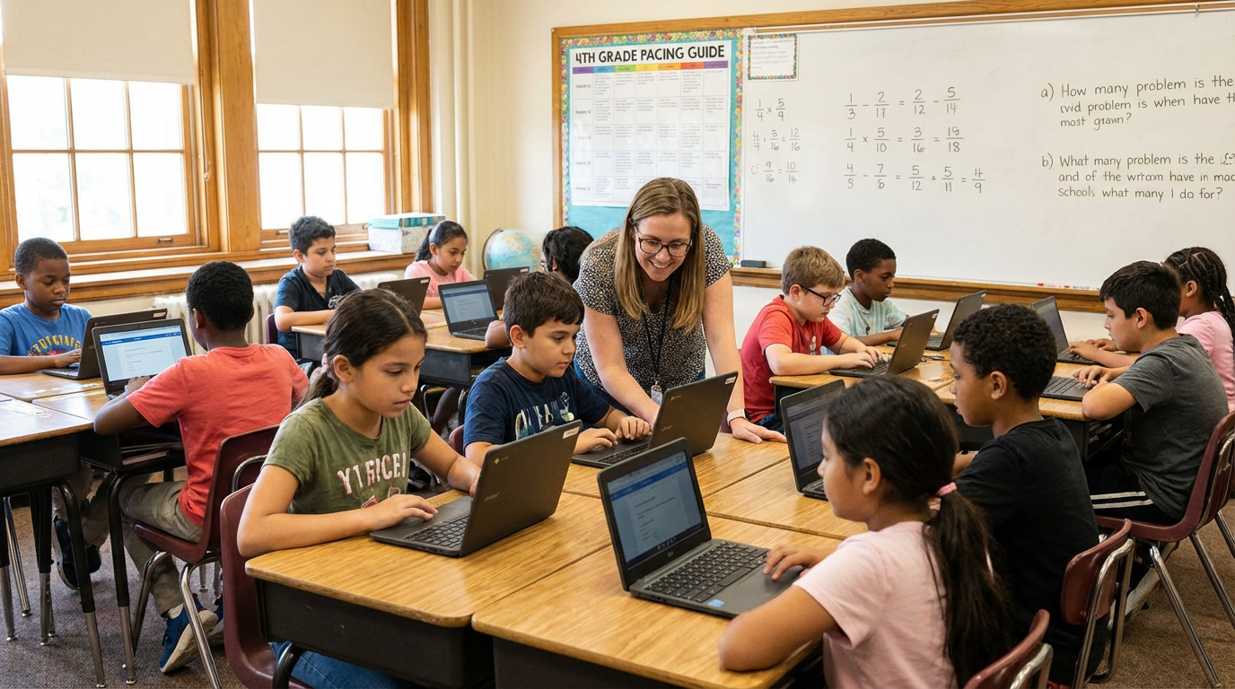 A diverse classroom with students at tablets showing different learning paths while a teacher observes from behind