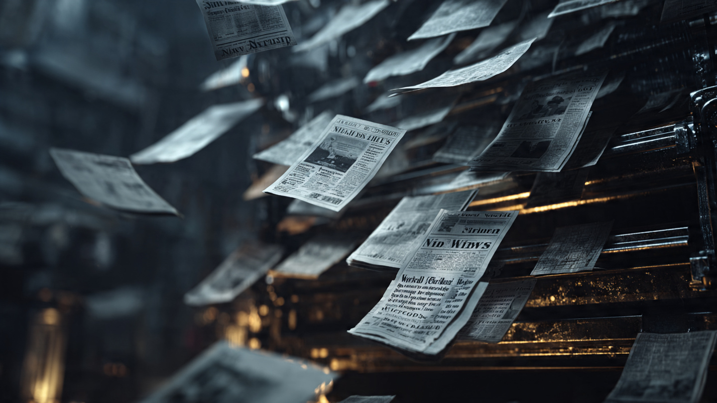 Thousands of newspaper front pages cascading from a single printing press, each with different mastheads and bylines