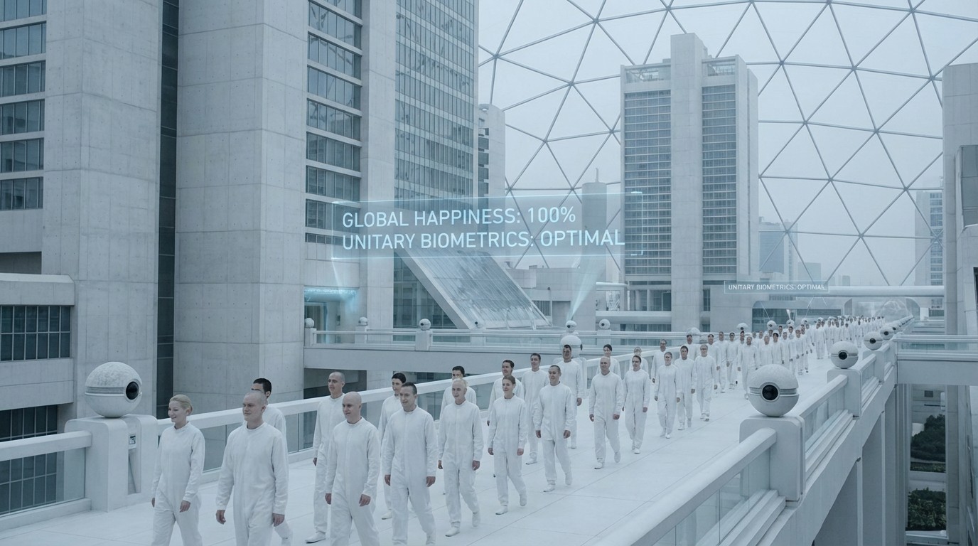 Abstract visualization contrasting a menacing robot with a serene, comfortable but hollow automated world