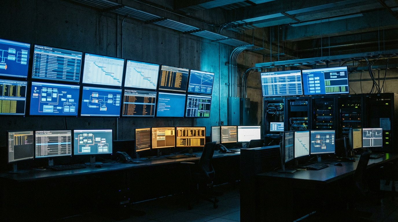 A control room with multiple screens showing pipeline states, process queues, and scheduling diagrams