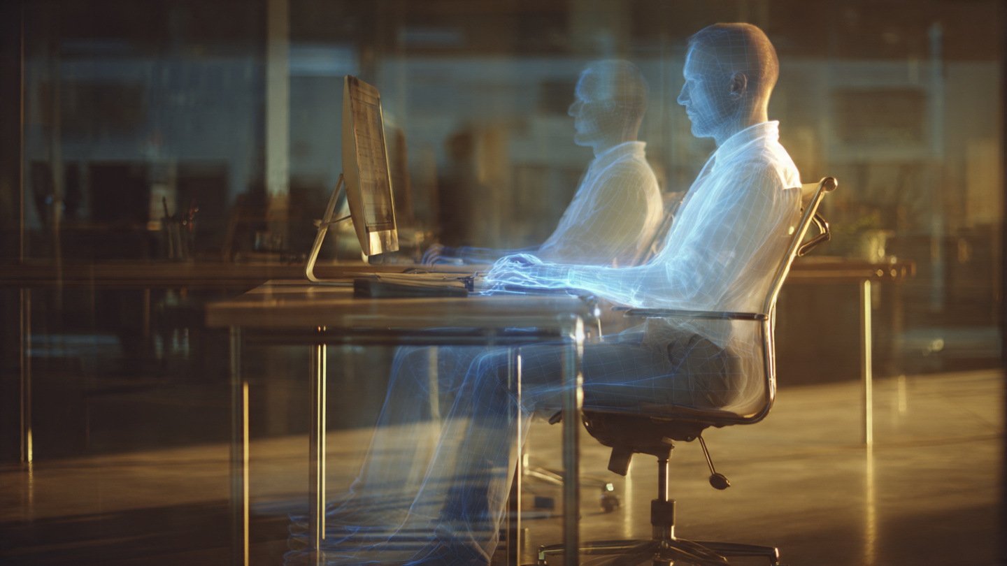 A worker and their AI reflection collaborating at a desk