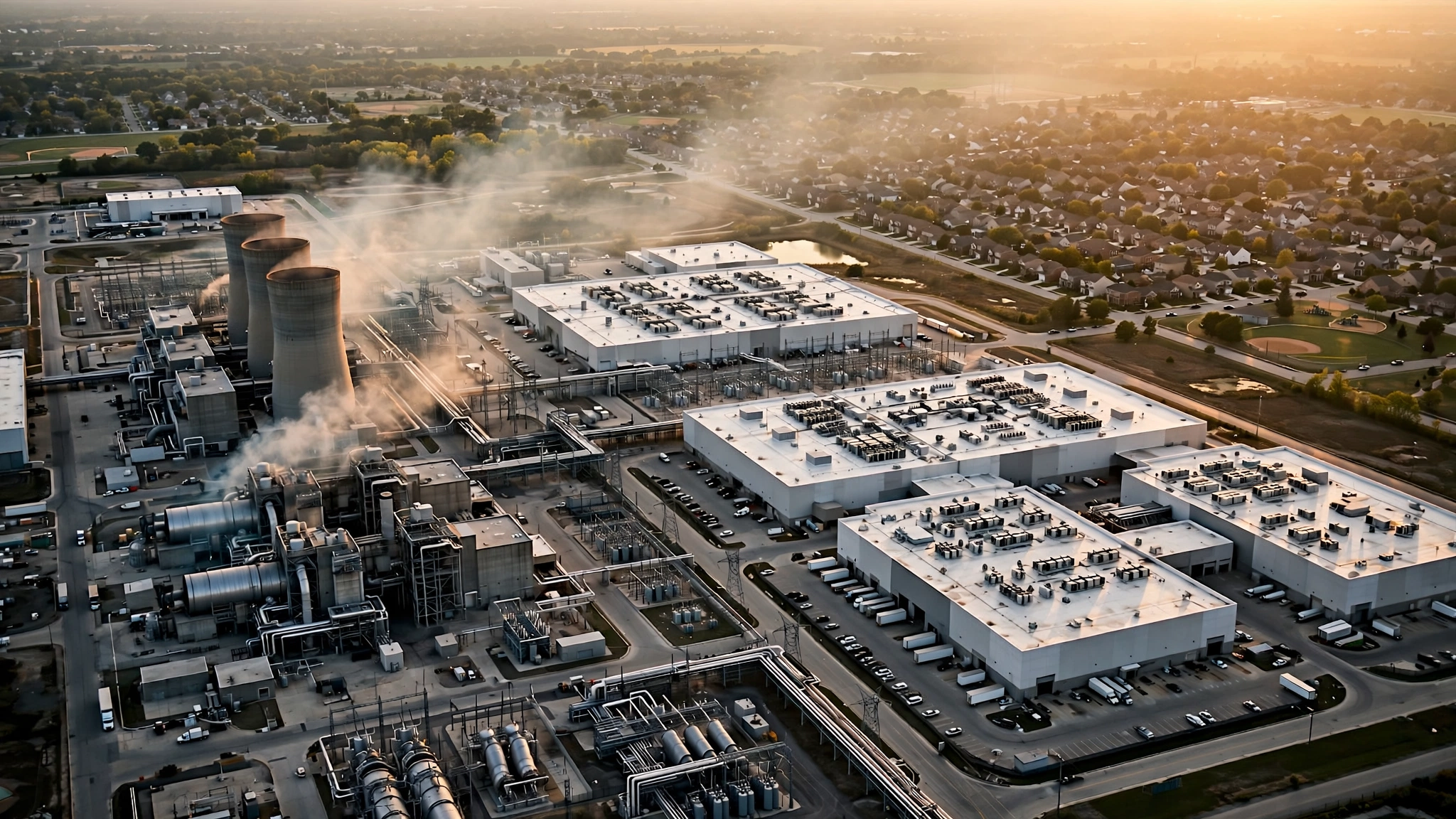 Aerial view of gas turbine power plant adjacent to data center facility with haze visible in the surrounding community