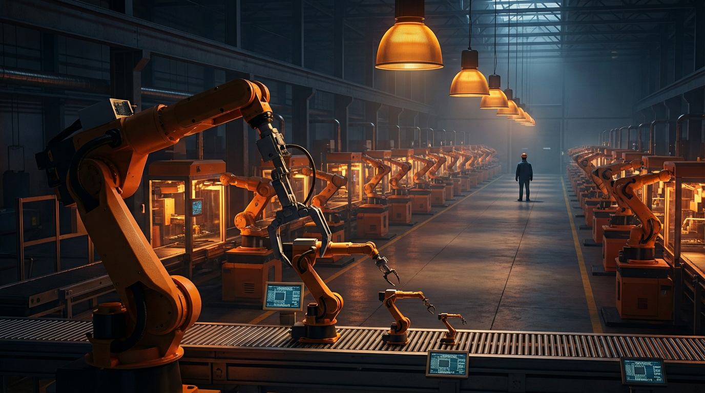 A vast factory floor with robotic arms producing smaller versions of themselves, a single person standing in the distance