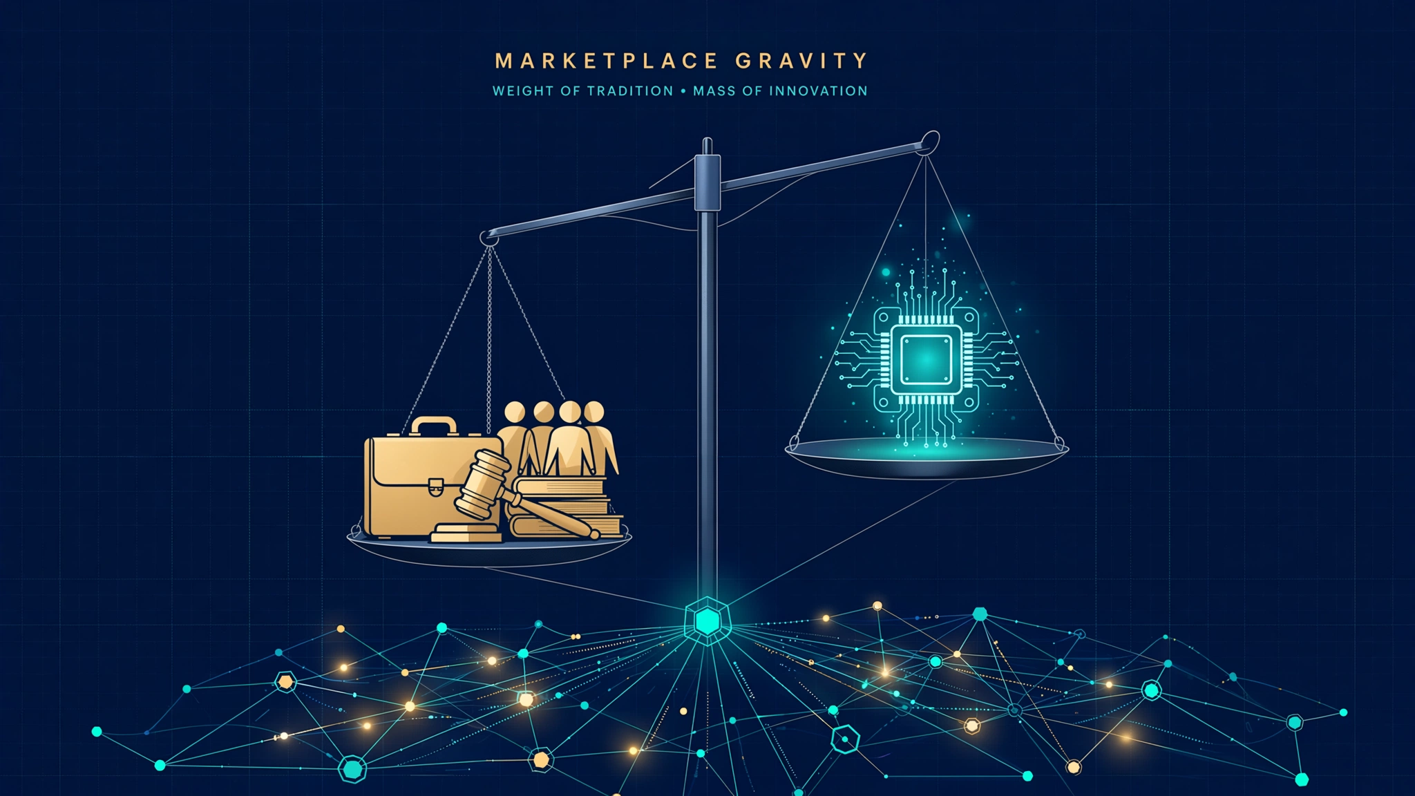 Conceptual illustration of interconnected marketplace nodes with some illuminated by AI and others dimmed, representing the shift in supply economics