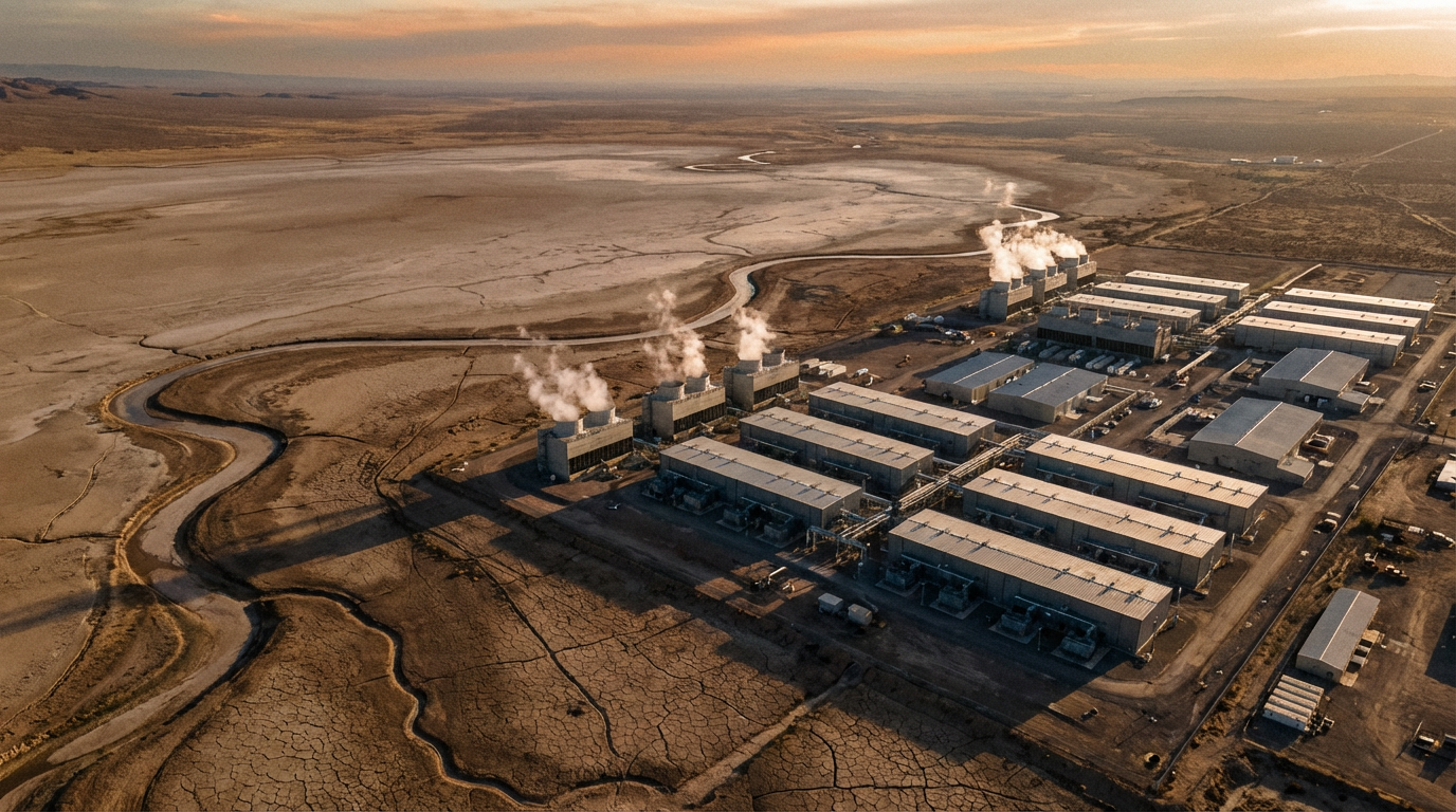 Aerial view of data center complex beside dry lakebed in arid landscape with cooling towers releasing steam