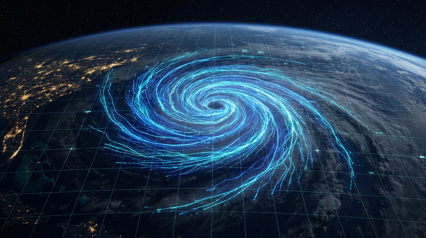 Visualization of AI neural network patterns overlaid on swirling atmospheric weather systems seen from space