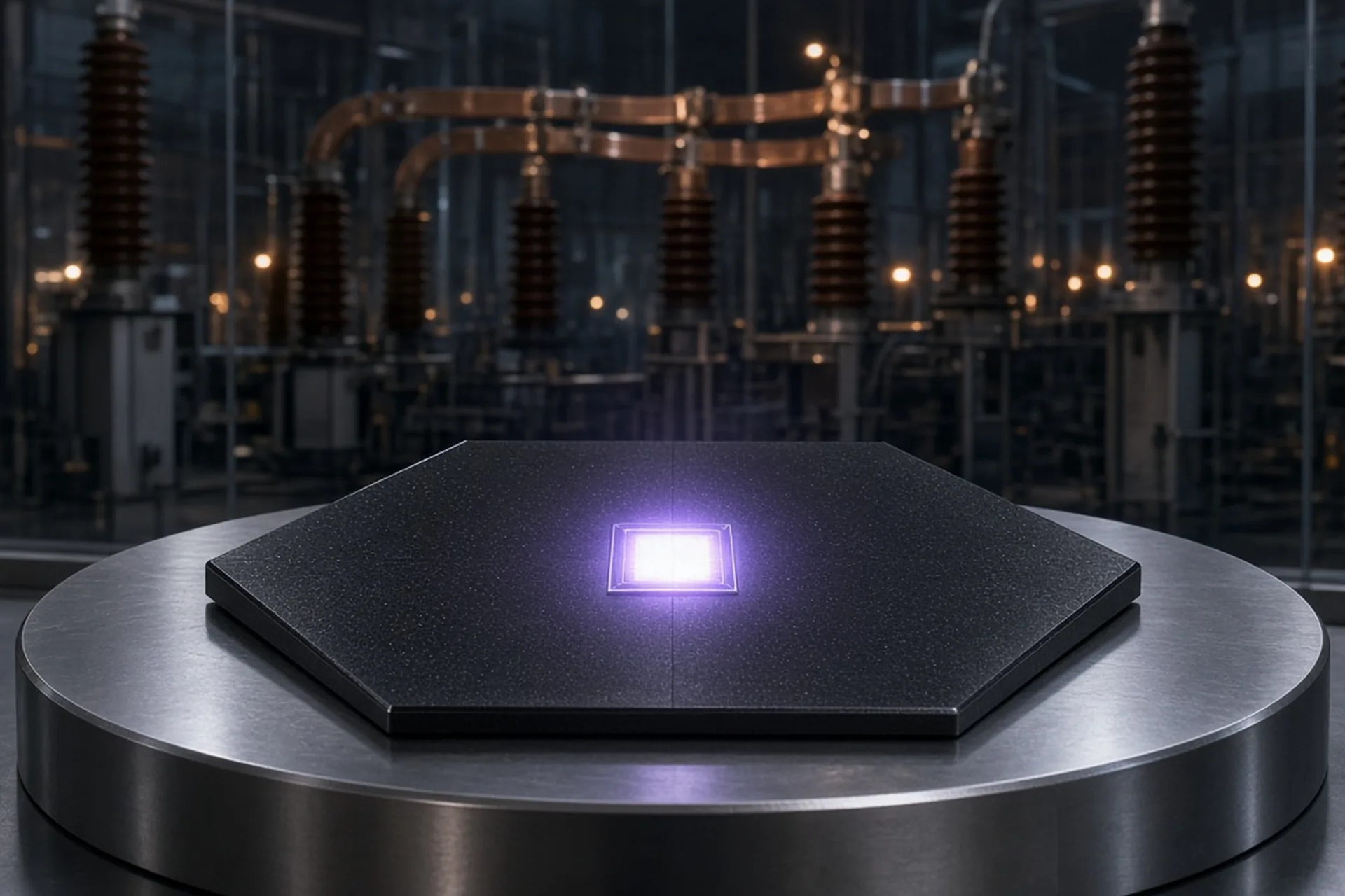 A silicon-carbide wafer on a cleanroom pedestal, one die glowing violet, with a medium-voltage switchyard visible through the glass.