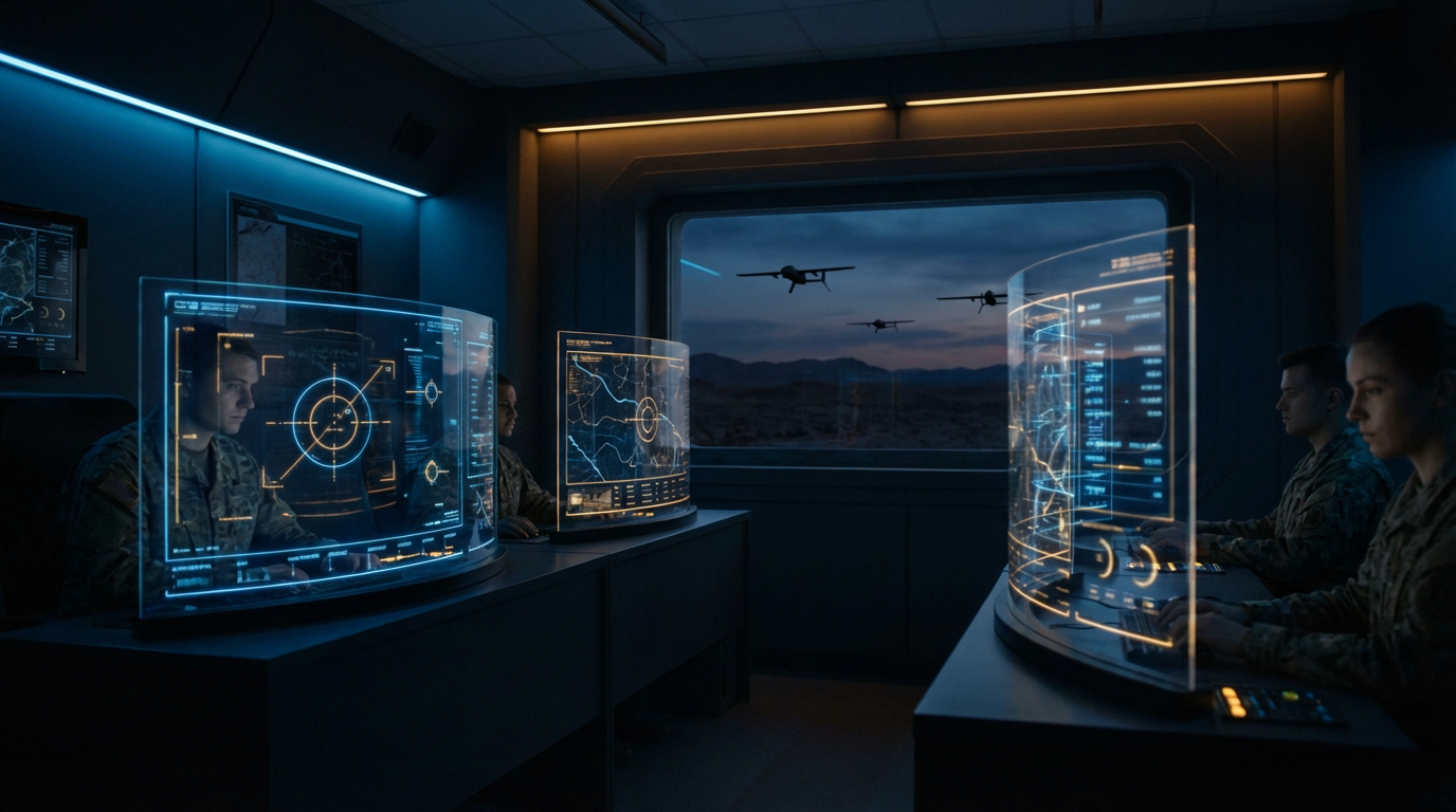 Military command center with AI targeting displays and drone silhouettes