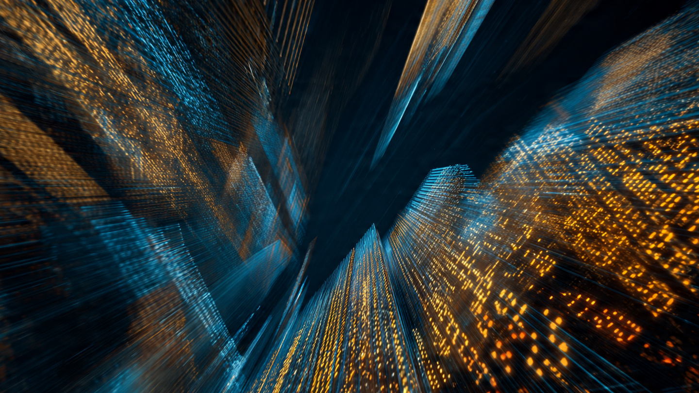 Abstract financial data visualization showing massive capital flows converging into glowing AI data center infrastructure, rendered in deep blues and electric golds