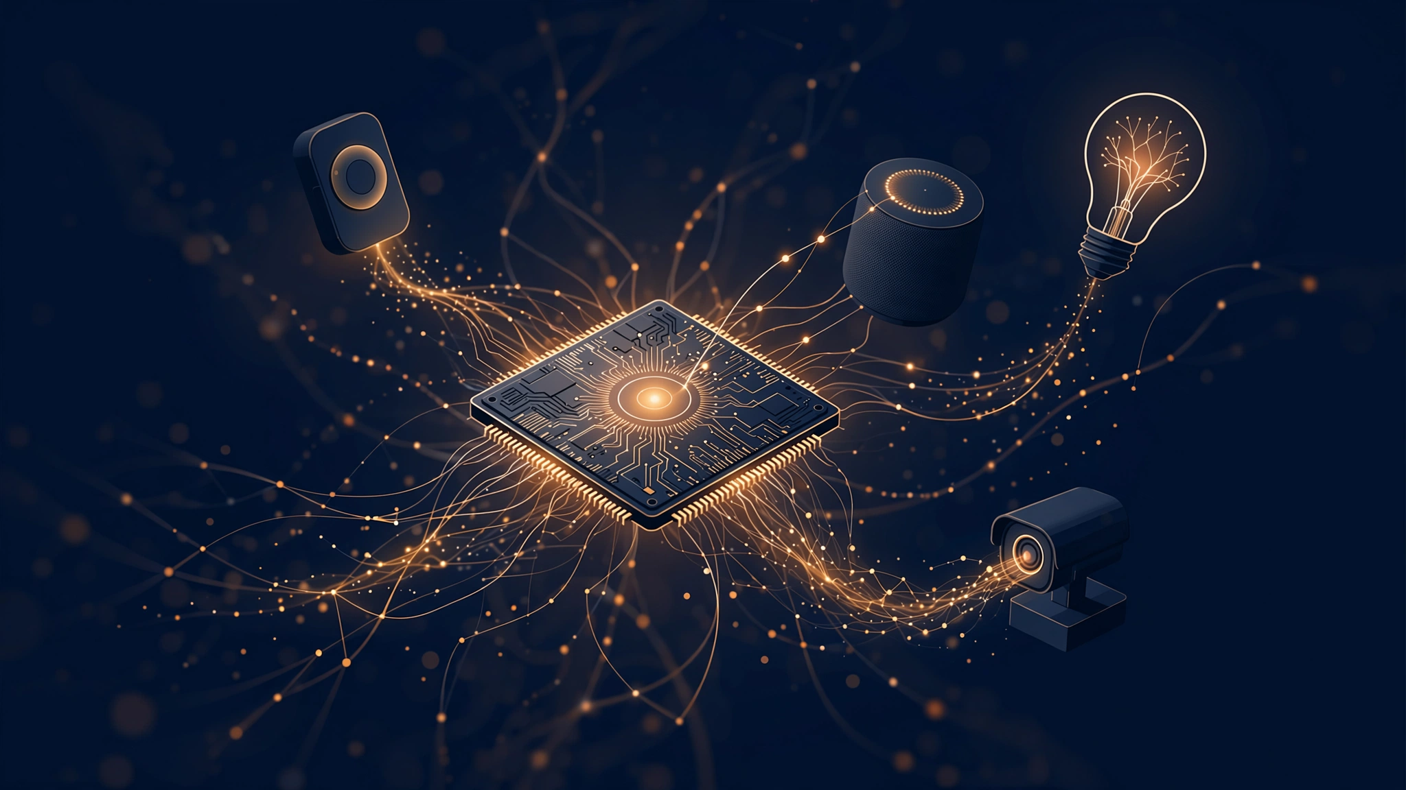 Abstract illustration of a smartphone chip radiating neural network connections to surrounding smart home devices