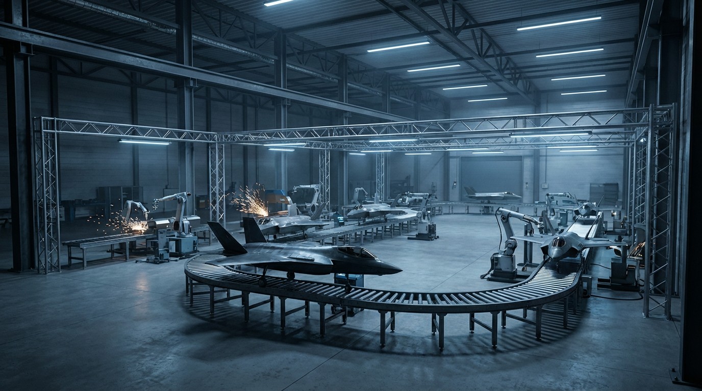 Massive modern defense factory interior with autonomous jet aircraft on assembly line, dramatic industrial lighting