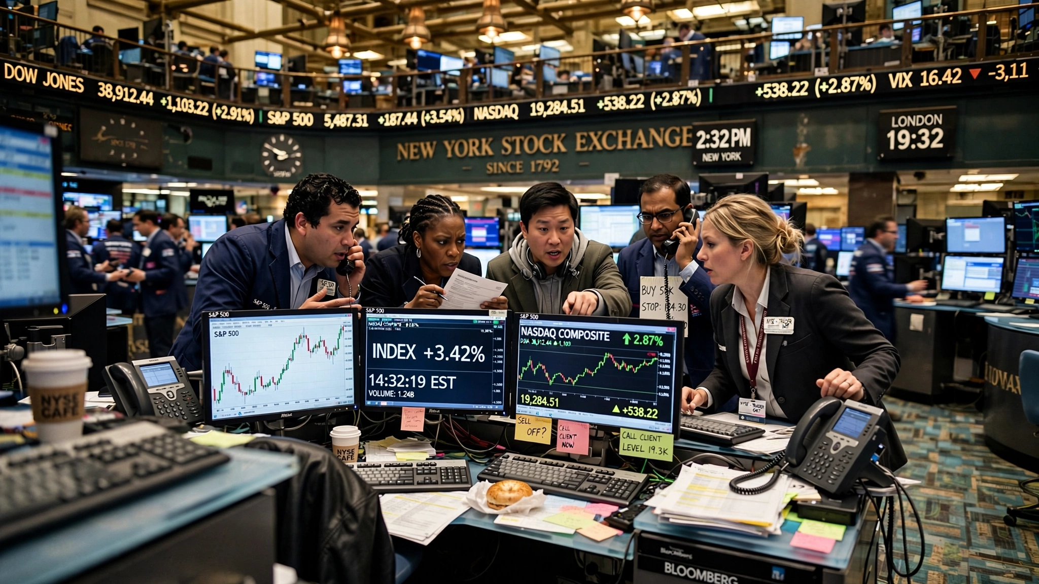 Interior of a stock exchange trading floor during an intense moment, traders clustered around screens showing soaring upward curves