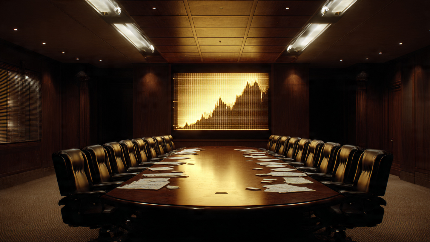 A vast empty conference table in a dimly lit room, with multiple chairs pulled back as if everyone left mid-negotiation, a single glowing screen at the far end showing an ascending graph