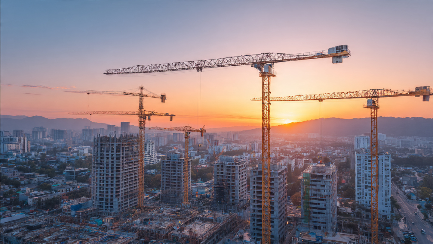 Aerial view of a sprawling American city with construction cranes and partially built apartment towers against a sunset sky