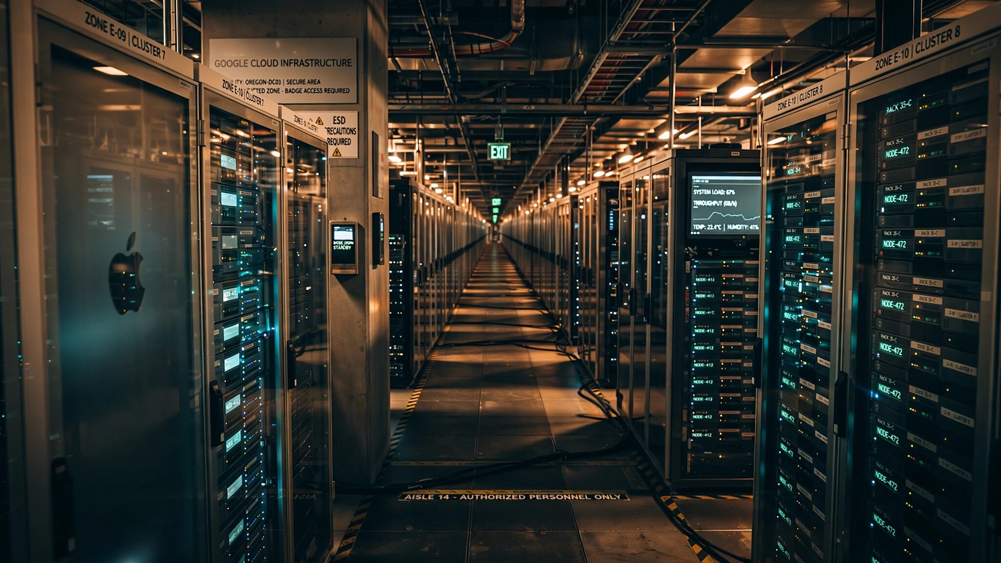 A vast data center server room stretching into the distance, rows of blinking servers under warm industrial lighting, reflecting the scale of cloud AI infrastructure