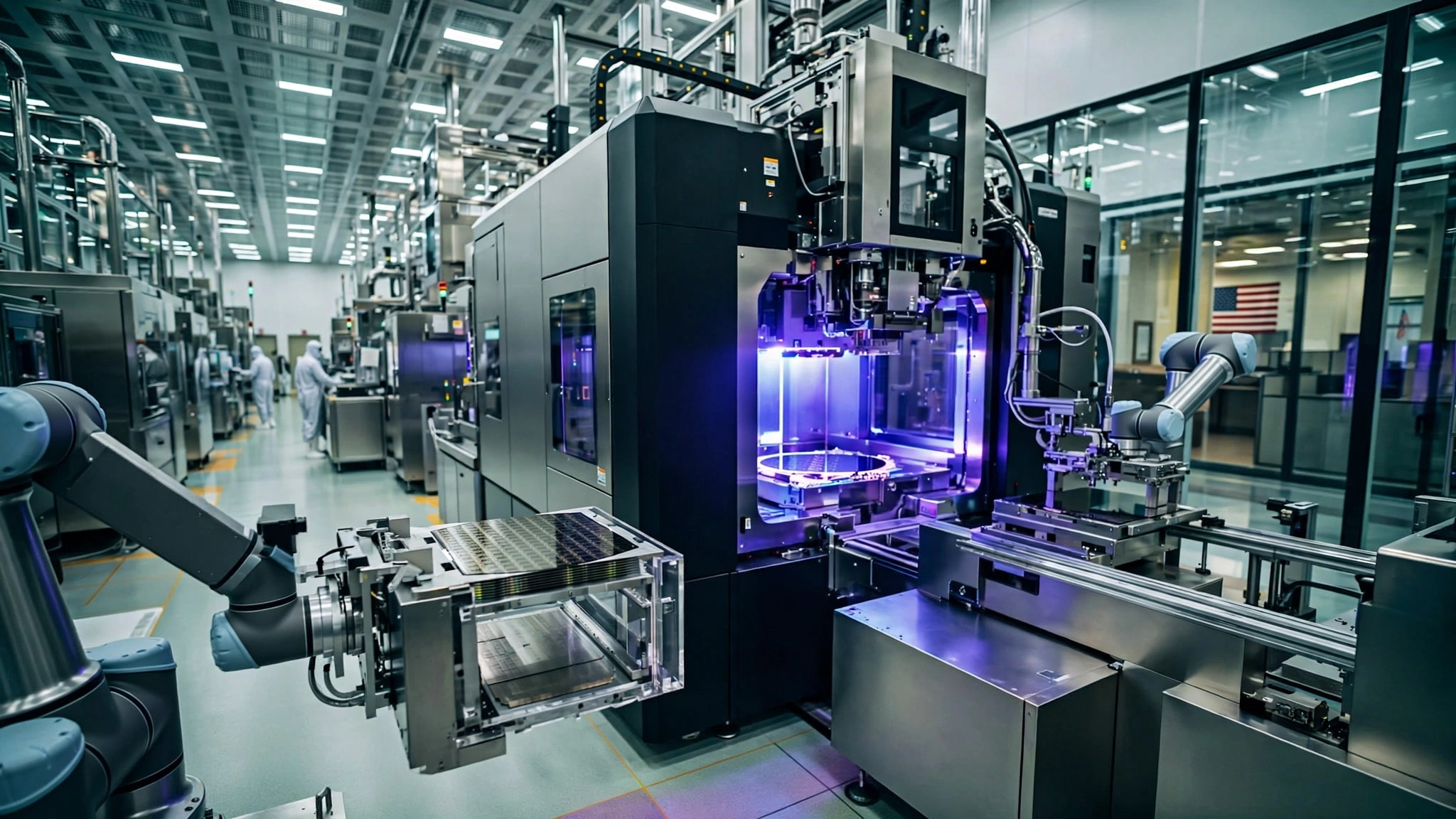 Semiconductor fabrication cleanroom with EUV lithography equipment casting blue-purple light on silicon wafers