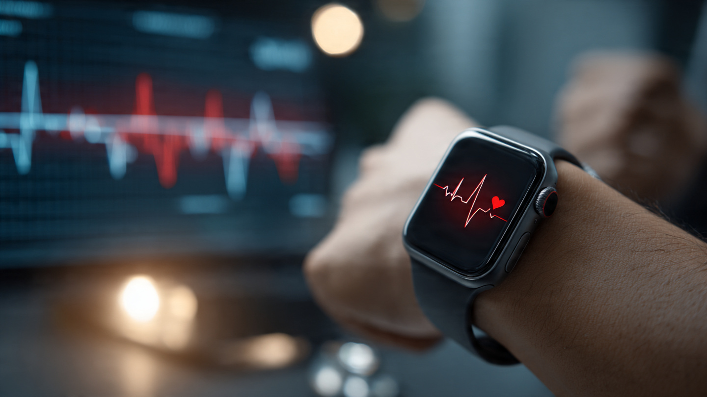 Close-up of a smartwatch on a wrist displaying a health notification, with a blood pressure cuff and clinical charts softly blurred in the background