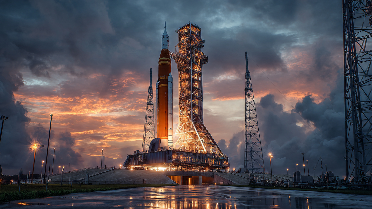SLS rocket on launchpad at dusk with cost figures overlaid in faint typography against the exhaust plume