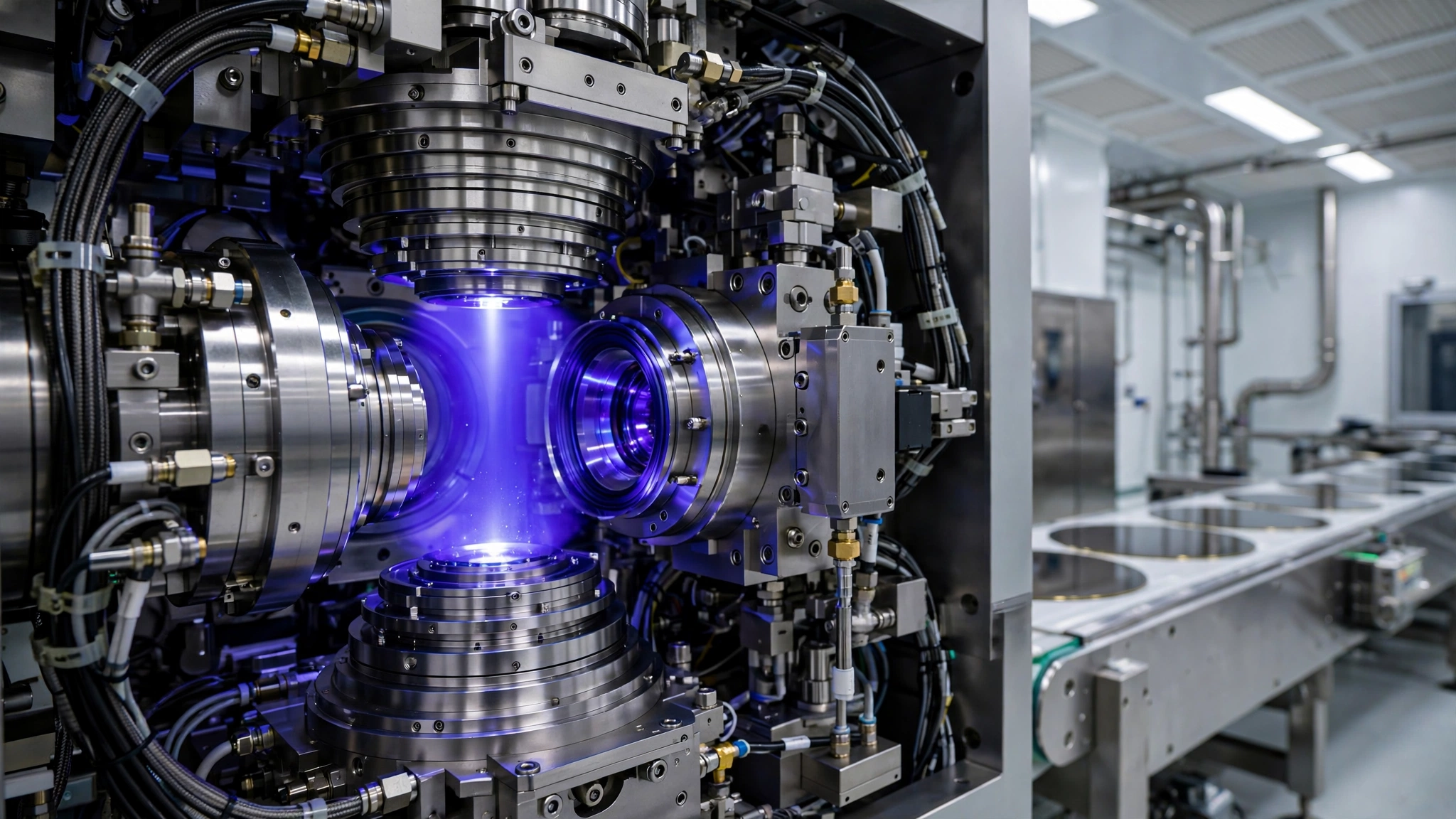 Close-up of an EUV lithography machine lens assembly glowing with deep ultraviolet light, rows of 300mm silicon wafers visible on a conveyor in the background