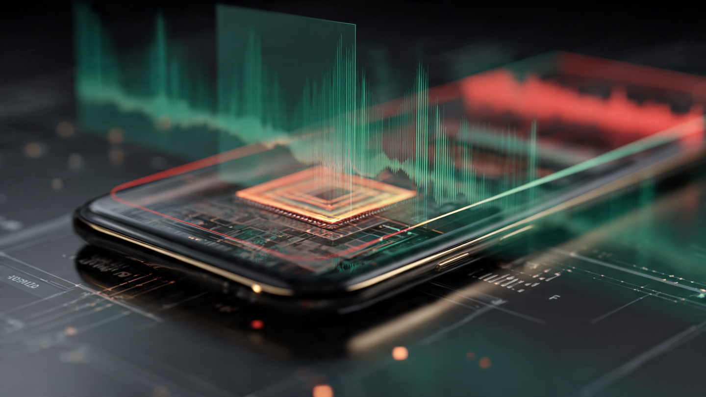Smartphone on a desk showing audio waveforms with energy visualization comparing on-device and cloud speech recognition paths
