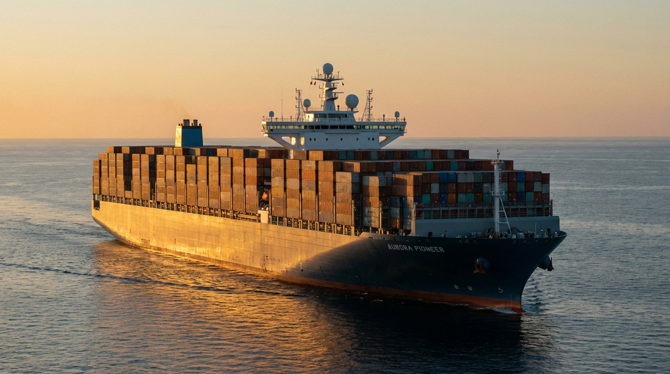 An autonomous container ship navigating open waters at dusk